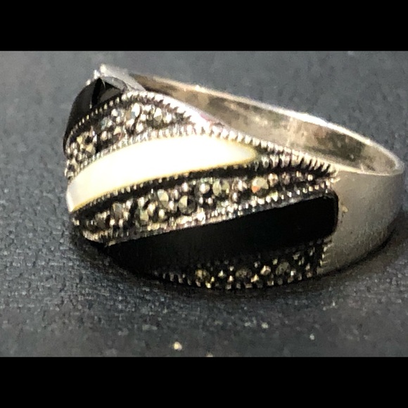 Vintage Onyx Mother of Pearl Marcasite Ring